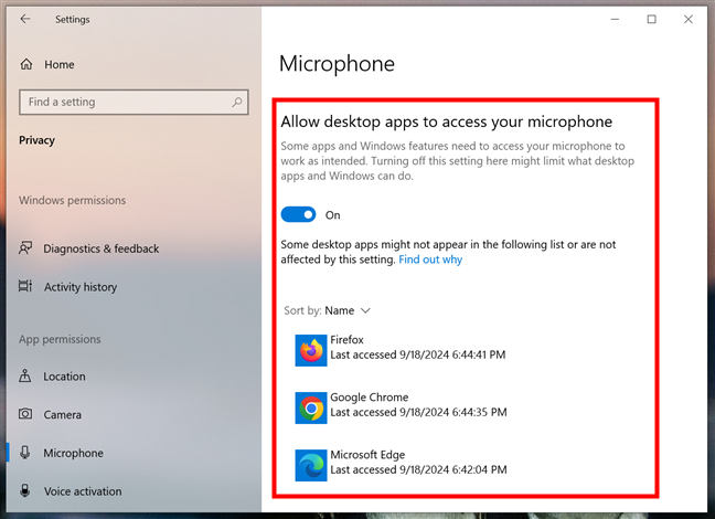 Allow desktop apps to access your microphone in Windows 10