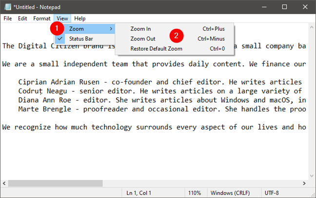 Zoom settings in Notepad for Windows 10