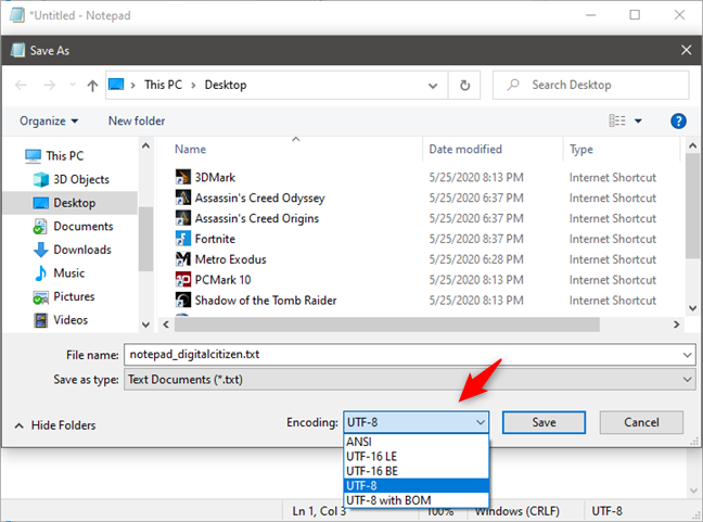 Choosing UTF-8 encoding for a document saved with Notepad