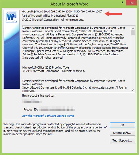 The product version for Microsoft Office