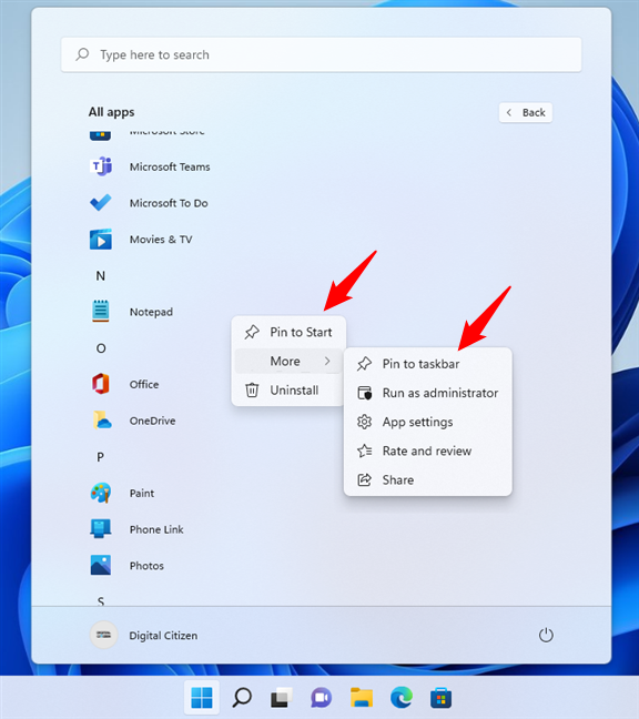 How to pin Notepad to the taskbar or Start Menu