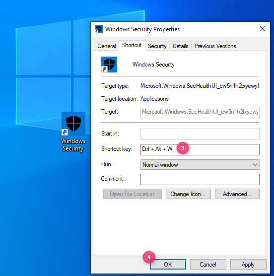 Setting the shortcut key for Windows Security