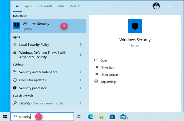 Accessing Windows Security via search in Windows 10