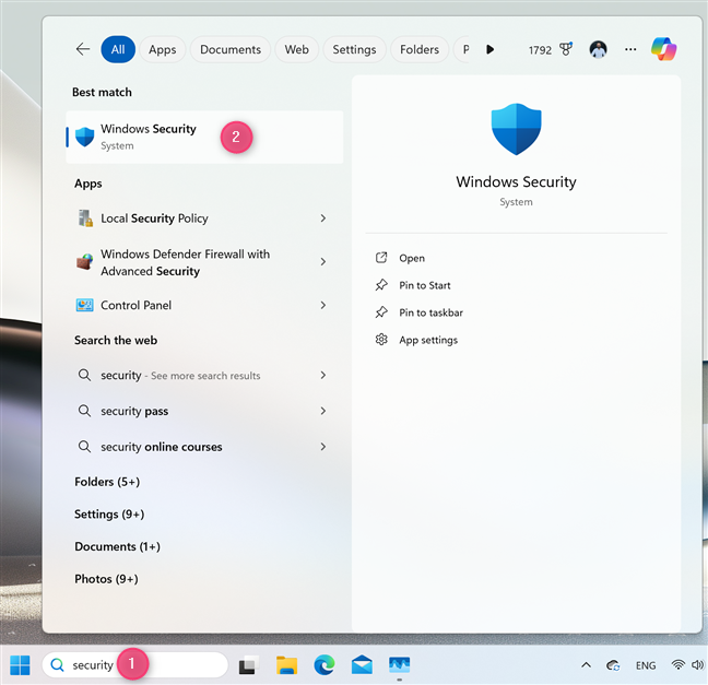 Accessing Windows Security via search in Windows 11