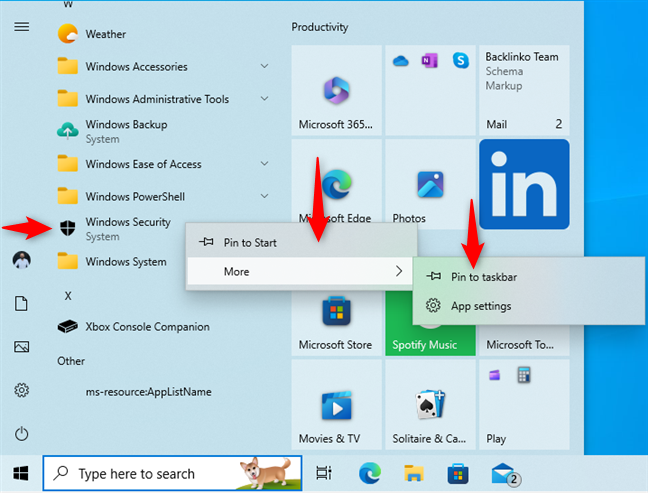 Pinning Windows Security to the Start Menu or the taskbar in Windows 10