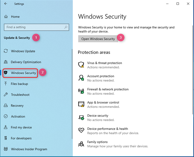 Open Windows Security from the Windows 10 Settings