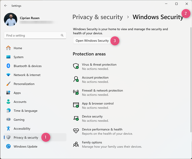 Open Windows Security from the Windows 11 Settings