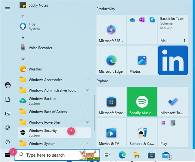 The Windows Security shortcut in the Windows 10 Start Menu