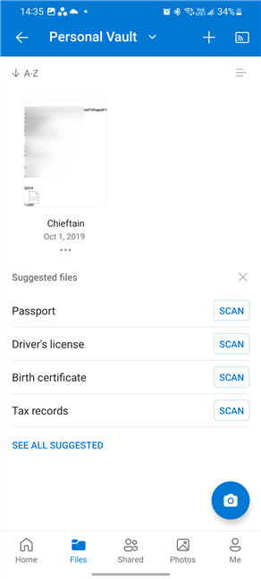 Personal Vault in OneDrive for Android