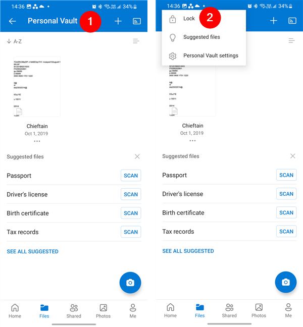 How to lock Personal Vault in OneDrive for Android