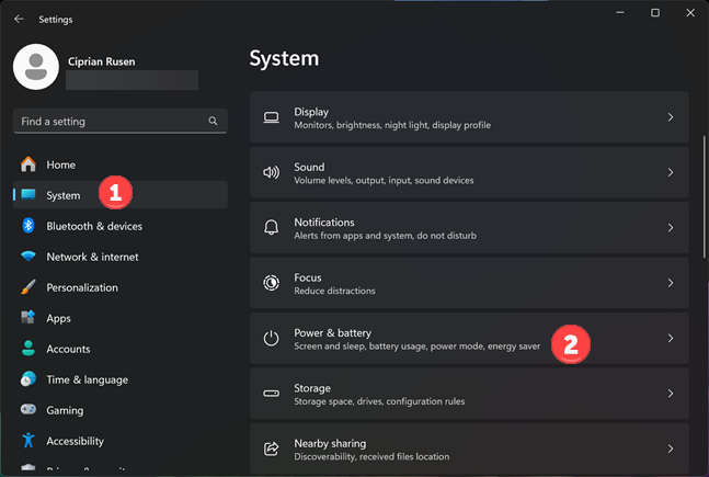 Go to Settings > System > Power & battery