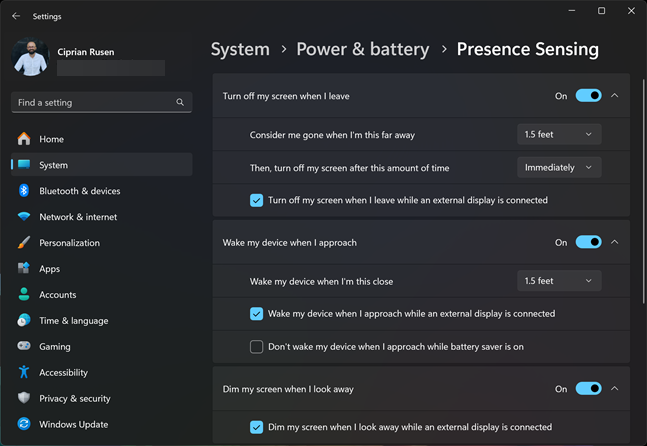 All the Presence Sensing settings are here