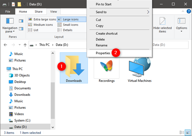 Opening the Properties of the Downloads folder