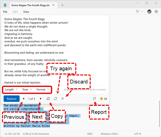 The options available for handling rewritten text