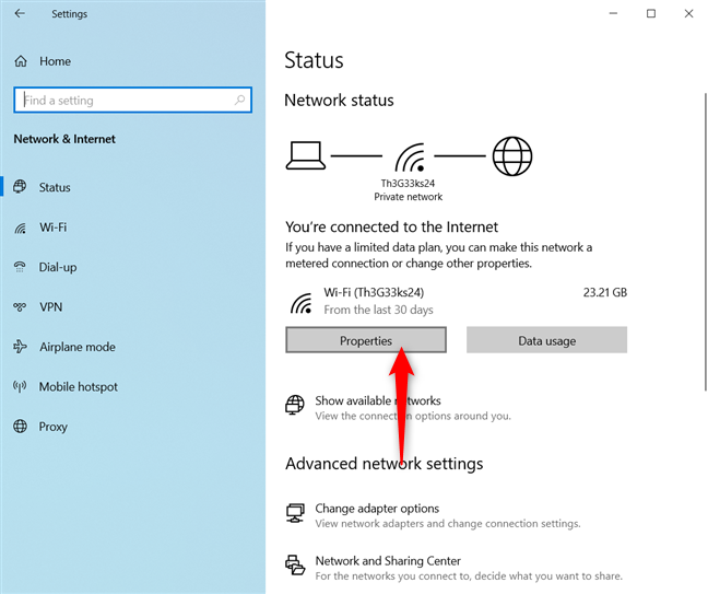 Click or tap Properties for the active network connection