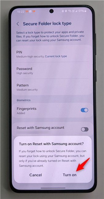 Turn on Reset with Samsung account