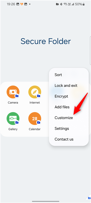 Tap Customize in Secure Folder's menu