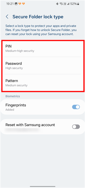 Choose between PIN, Password, and Pattern