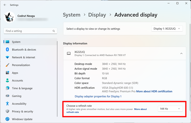 A gaming monitor with a refresh rate of 144 Hz