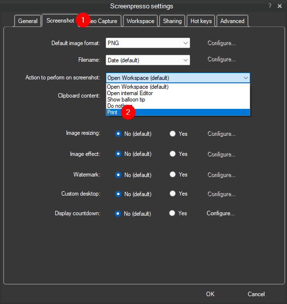 Configuring a screenshot-taking app to send screenshots directly to the printer