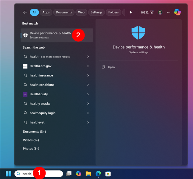 Look for health in Windows 11