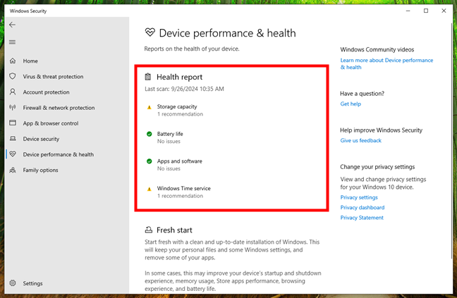 A system health report generated by Windows 10