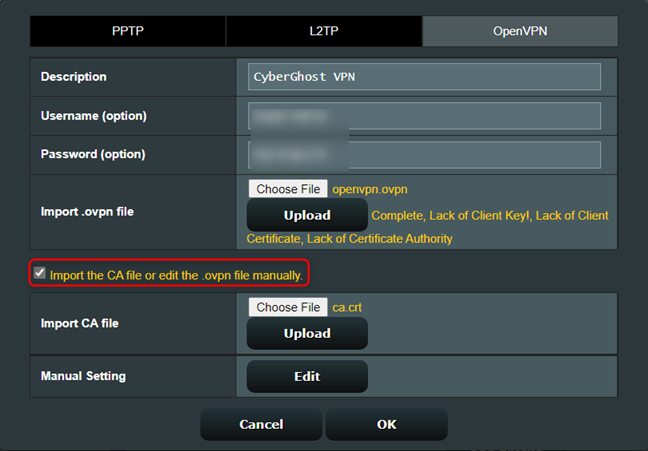 Import the CA file or edit the .ovpn file manually