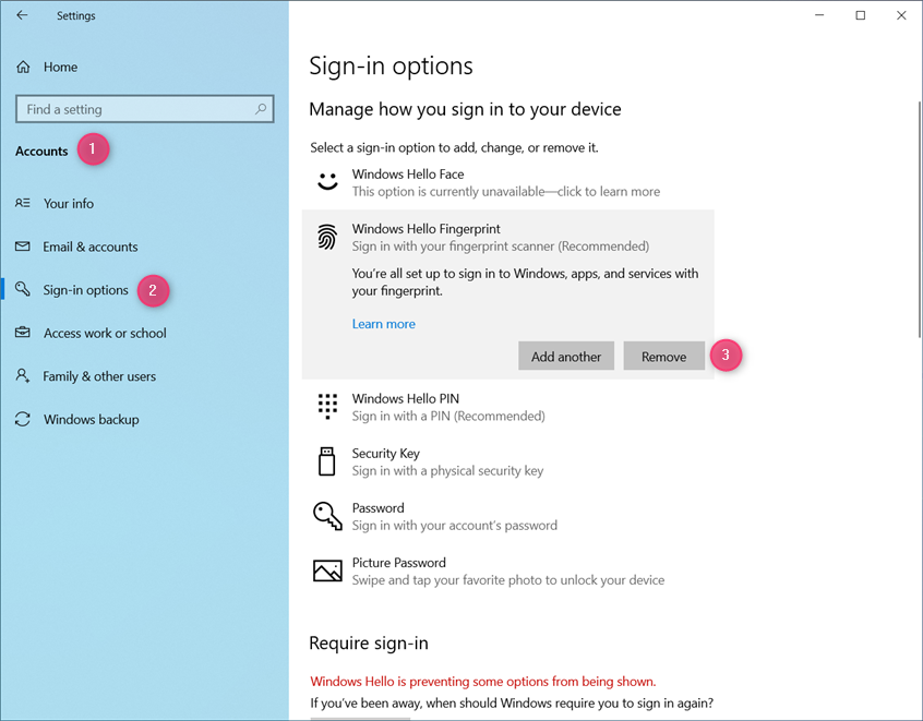 Disabling Windows Hello Fingerprint