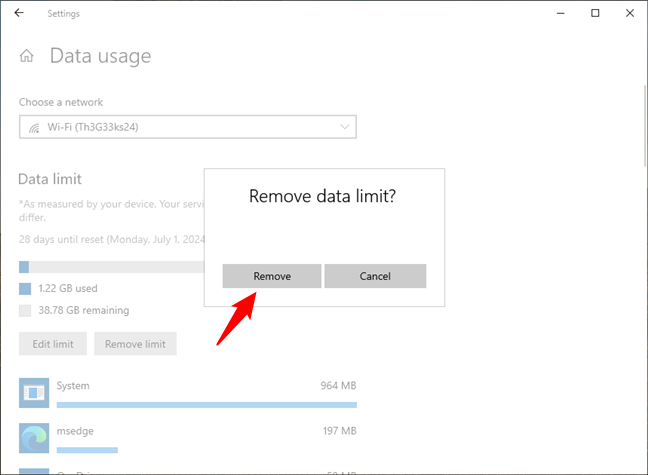 Confirm that you want to remove the data limit