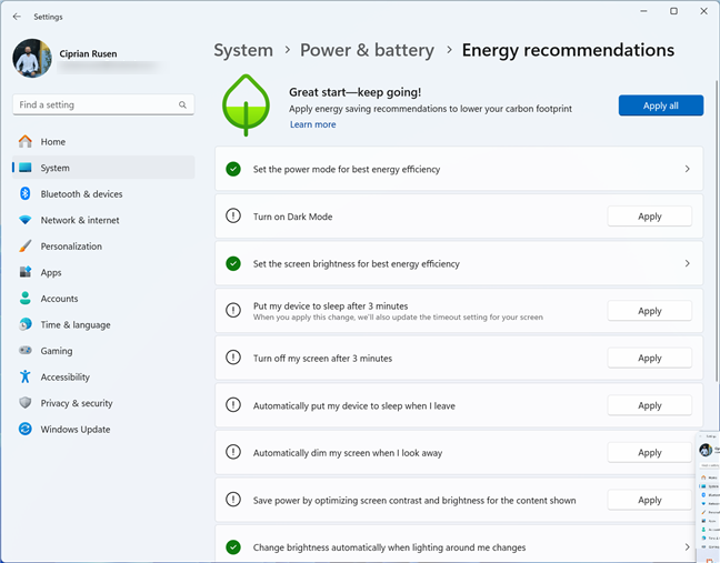 Energy recommendations in Windows 11 24H2