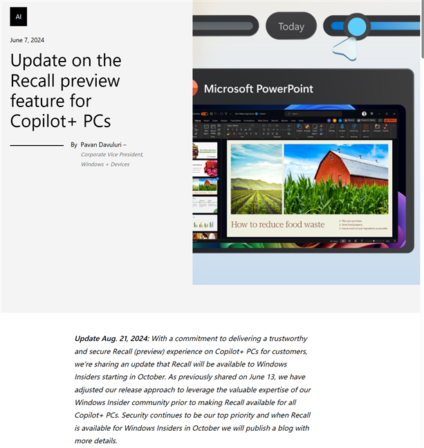 Update on Recall preview feature for Copilot+ PCs