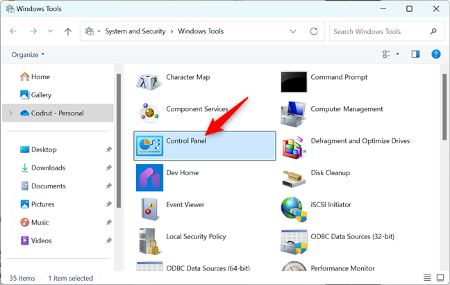 The Control Panel shortcut in Windows Tools
