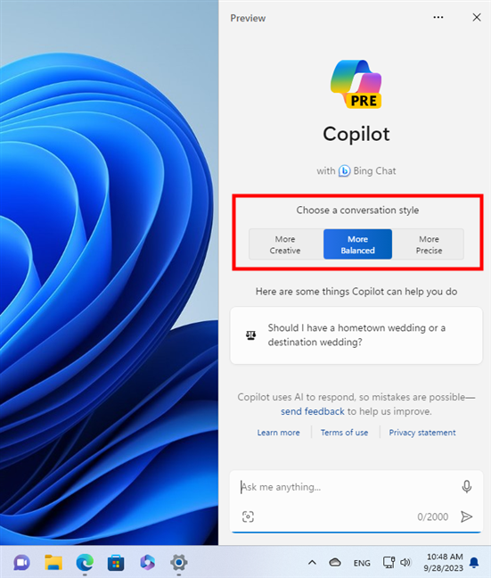 Choosing the conversation style with Copilot
