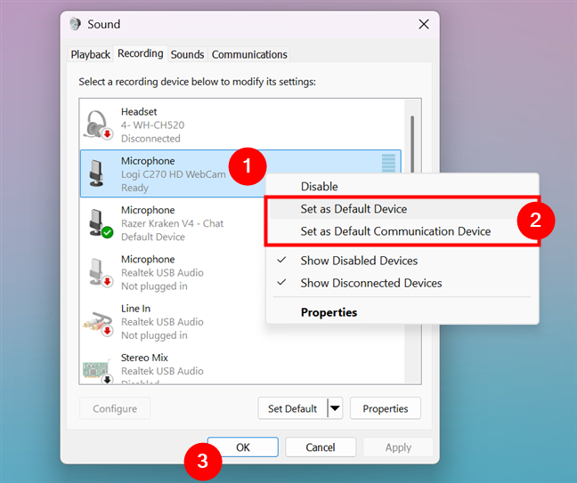 Use the context menu to set the default microphone in the Sound window