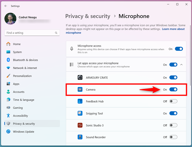 If your microphone isn't working, check the privacy settings