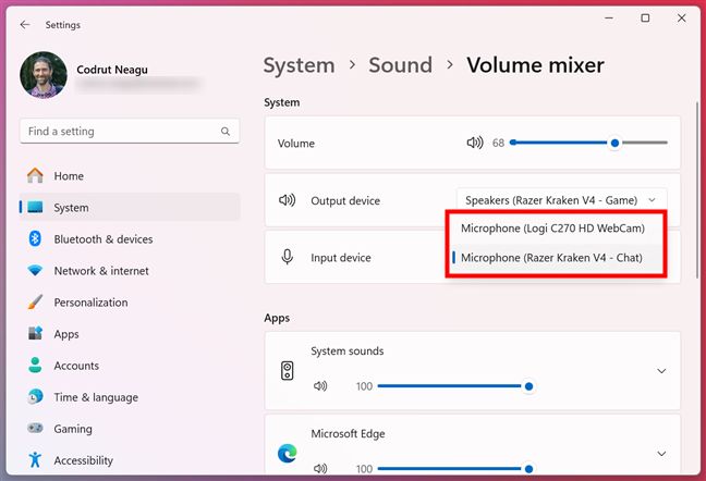 Expand the list next to Input device and select one of the items