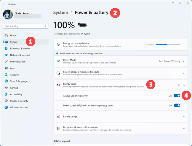 Enabling Energy saver from Windows 11 Settings