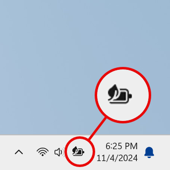 The Battery status icon with Energy saver turned On