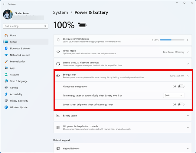 Accessing the settings for Windows 11 Energy saver