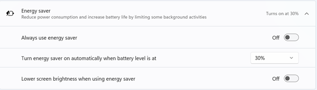 The settings available for Windows 11 Energy saver