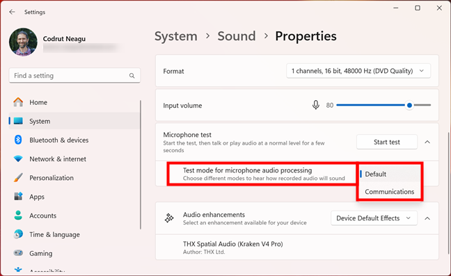 Test mode for microphone audio processing