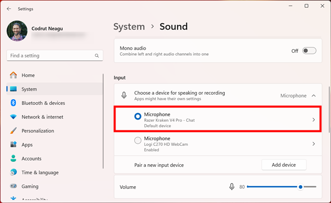 Choosing the default mic in Windows 11