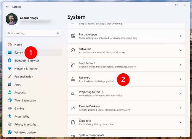 Open Recovery from the System page of the Windows 11 Settings