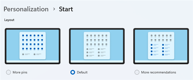 The Windows 11 Start Menu layouts