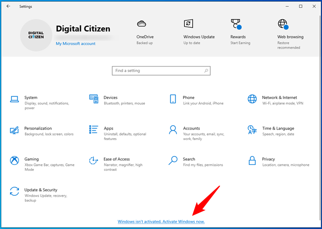 The Settings app showing that Windows 10 isn't activated