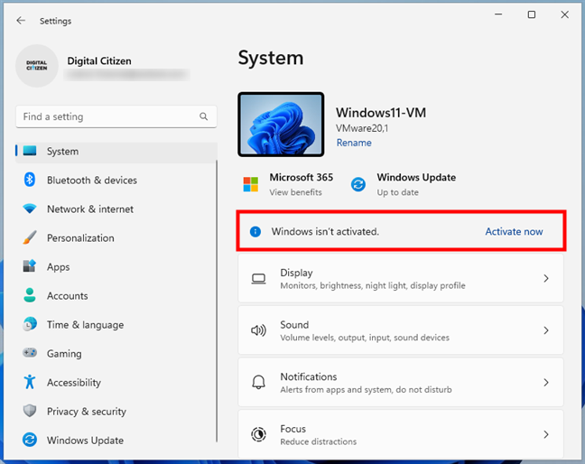 The Settings app shows that Windows 11 isn't activated