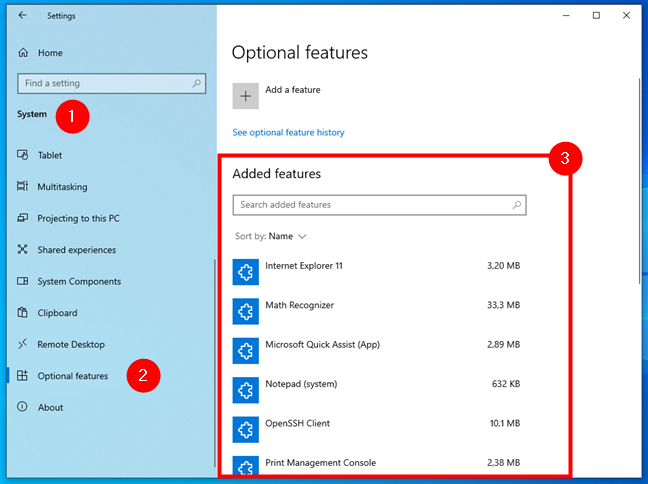 The list of optional features added to Windows 10