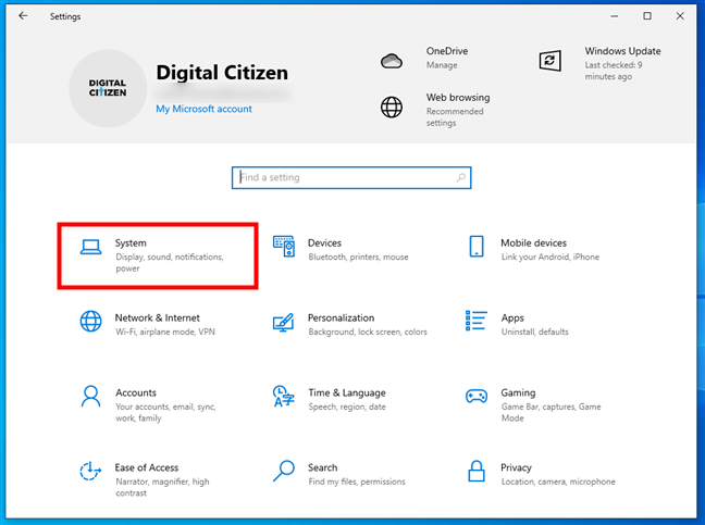 System in Windows 10's Settings