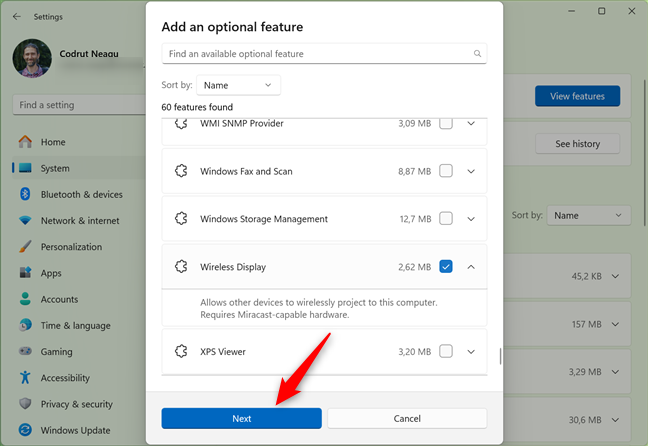 Press Next after selecting the optional feature(s) you want