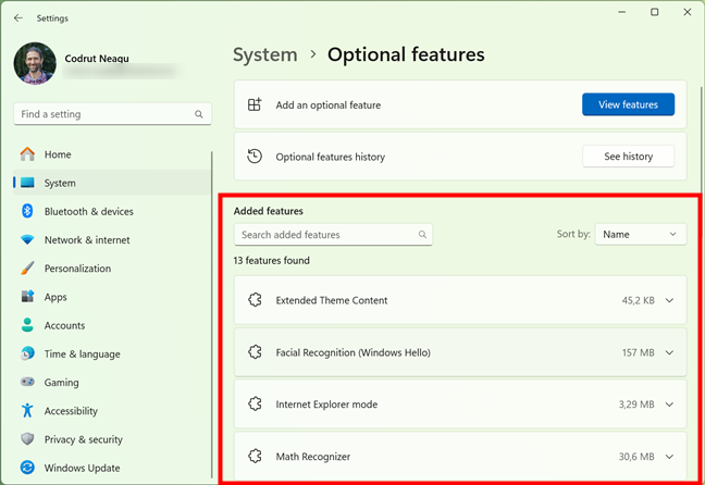 The list of optional features in Windows 11